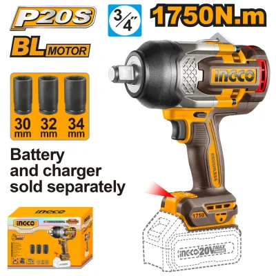 Filetanta cheie cu Impact 20V 3/4" 1750Nm Brushless, cu 3 Tubulare, fara acumulator INGCO CIWLI201751