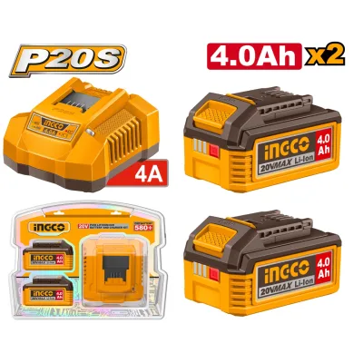 Set 2 Baterii 20V 4Ah + Incarcator Rapid INGCO – FBCPK2013E, Li-Ion, 4A, compatibil platforma P20S, cu LED indicator, autonomie extinsa Acumulator Ingco FBCPK2013E
