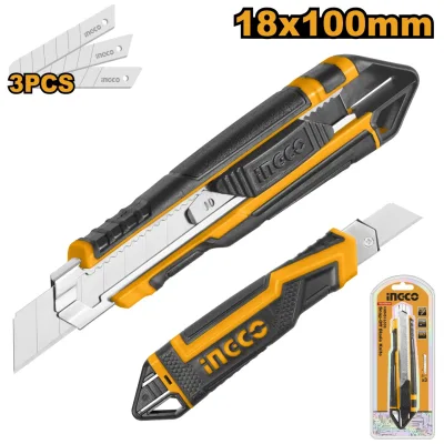 Cutter Plastic cu Maner Cauciuc, Lama 18 mm x 100 mm, 3 Lame SK5 Incluse, Lungime 169 mm, Buton Plat de Impingere HKNS16538