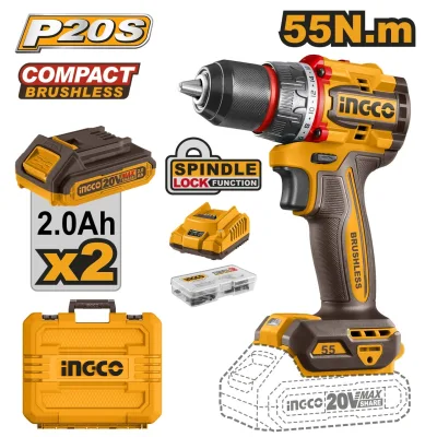 Masina de Gaurit si Insurubat 20V INGCO CDLI20558E, 55Nm, brushless, 2 viteze 0-500/2000 rpm, mandrina metalica 13 mm, 2 acumulatori 2.0Ah, incarcator, 47 accesorii