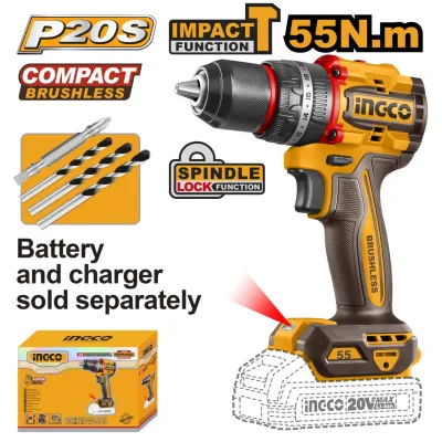 Masina de Gaurit si Insurubat cu Impact 20V INGCO CIDLI205581, 55Nm, brushless, 2 viteze 0-500/2000 rpm, 30000 bpm, mandrina metalica 13 mm, fara acumulator si incarcator