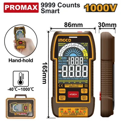 Multimetru Digital Profesional 1000V INGCO DM110004, TRMS 9999 counts, ecran color VA, AC/DC, 10A, temperatura -40°C ~ 1000°C, NCV, SMART, functie completa