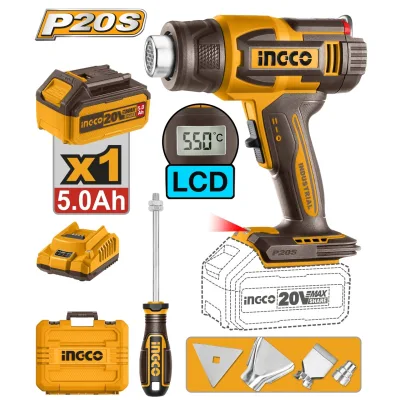 Pistol de Aer Cald 20V 30-550°C cu Afisaj LCD Debit 100-200L/min Acumulator 5.0Ah HGLI20035 – suflanta aer cald profesionala reglabila