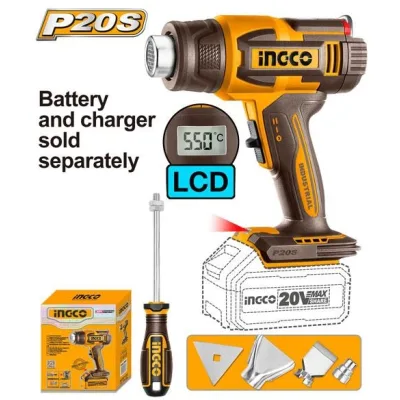 Termosuflanta INGCO HGLI2003, 20V, temperatura reglabila 30-550°C, debit aer 100/200 L/min, afisaj LCD, 3 duze, racleta inclusa, fara acumulator si incarcator