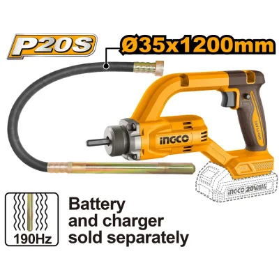 Vibrator beton INGCO, 20V, 0-2500 RPM, frecventa vibrare 190Hz, tija 35x1200mm, compatibil acumulatori INGCO 20V, fara acumulator si incarcator