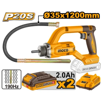 Vibrator beton INGCO CCVLI2025021E, 20V, Brushless, 0-2500 RPM, frecventa vibrare 190Hz, tija 35x1200mm, 2 acumulatori 2Ah, incarcator inclus