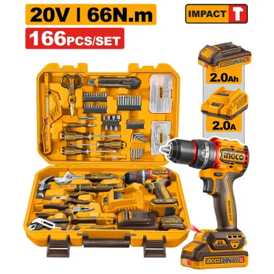 Set bormasina cu impact INGCO HKTHP41662E, 20V, 66Nm, 22500 BPM, acumulator 2Ah, incarcator 220-240V, trusa 166 piese, scule manuale, burghie, biti, tubulare, dibluri si valiza