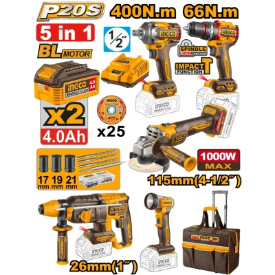 Set scule electrice INGCO CKLI2059E, 20V, 5 piese brushless, filetanta impact 400Nm, bormasina 66Nm, rotopercutor SDS Plus 2.5J, flex 115mm 1000W, lanterna LED, 2 acumulatori 4Ah, incarcator si geanta