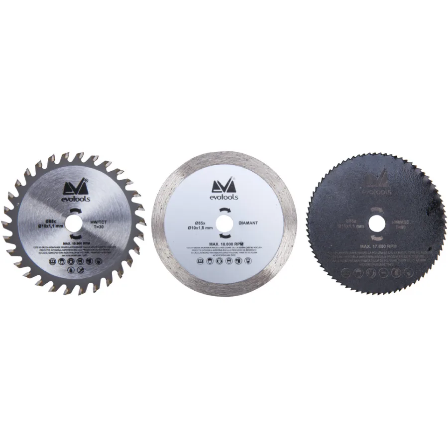 set Discuri Mini Fierastrau Circular 3 buc / 85 mm Evotools 678613