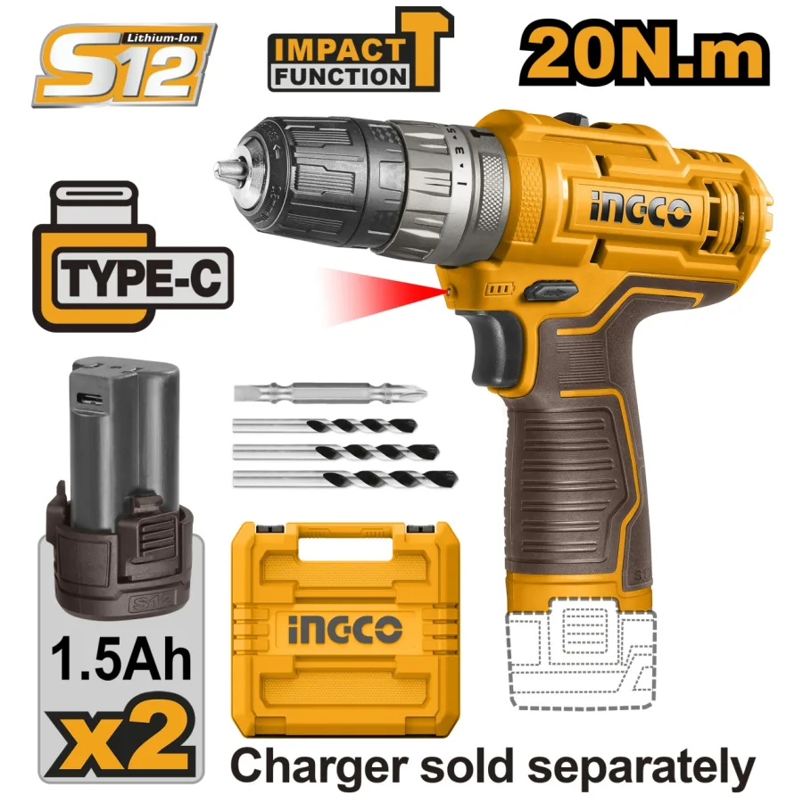 Masina De gaurit Bormasina 12V Impact 2 Acumulatori cu Type C si Geanta Ingco CIDLI12202E
