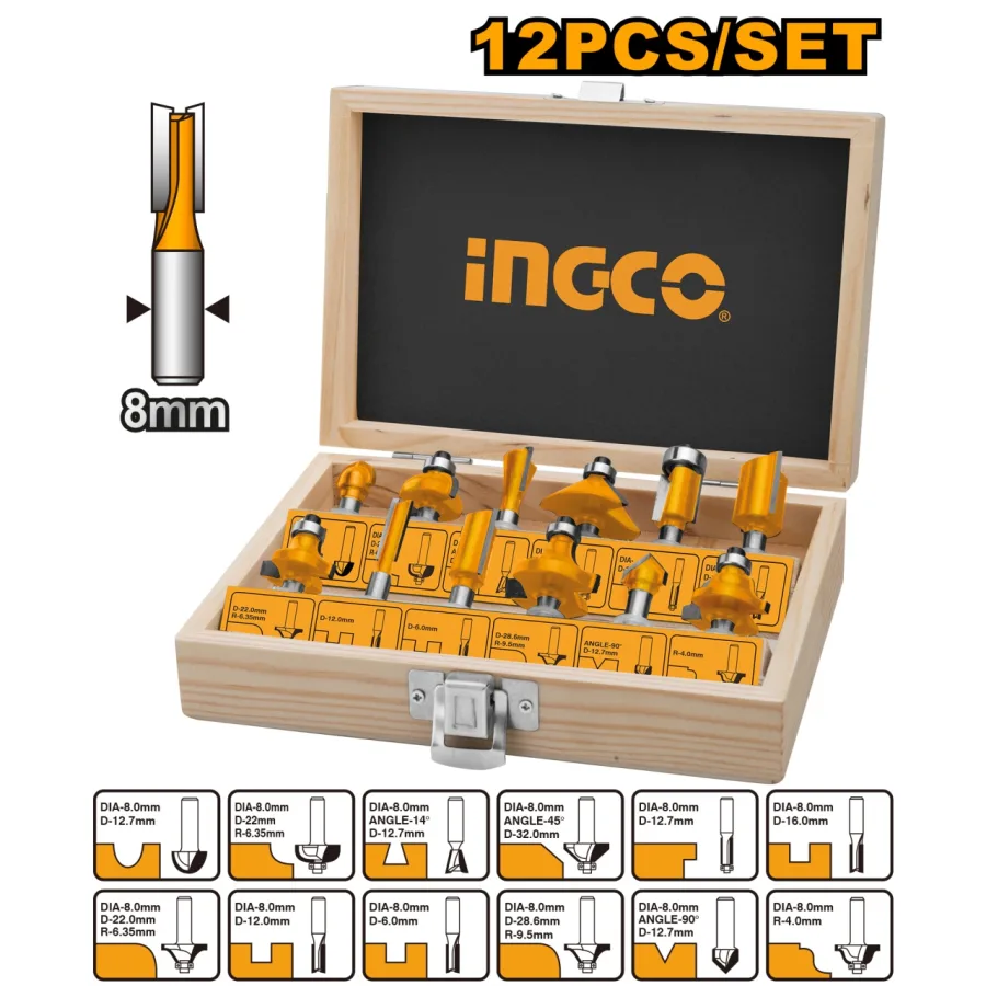 Set freze Accesorii Oberfreza 12 bucati Ingco AKRT1211