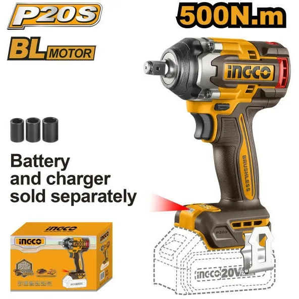 Masina de insurubat Pistol cu impact 500Nm, 1/2'', 2900bpm, 20v, brushless fara acumulator Ingco CIWLI20501