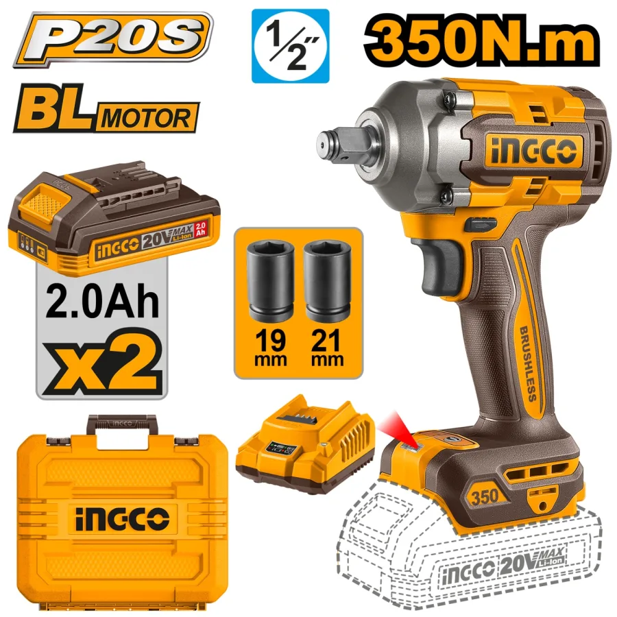 Masina de insurubat pistol cu impact, 350nm, 1/2 cap, 2 acumulator, trepte reglabile, valiza transport INGCO CIWLI2035