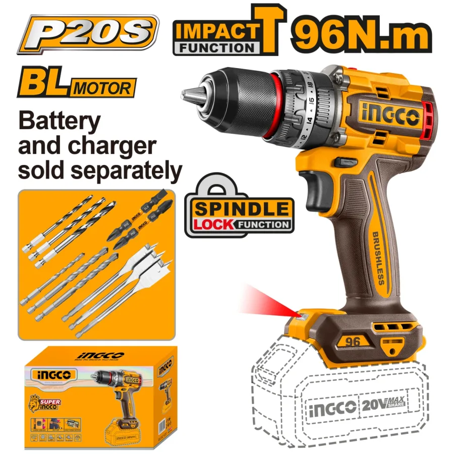 Masina de gaurit si insurubat autofiletanta 20V, Brushless, 96Nm, fara acumulator – INGCO CIDLI209681