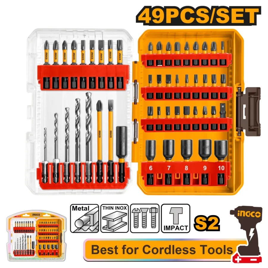 Set biti si burghie impact 49 buc, pentru scule cu acumulator, INGCO AKDL24906