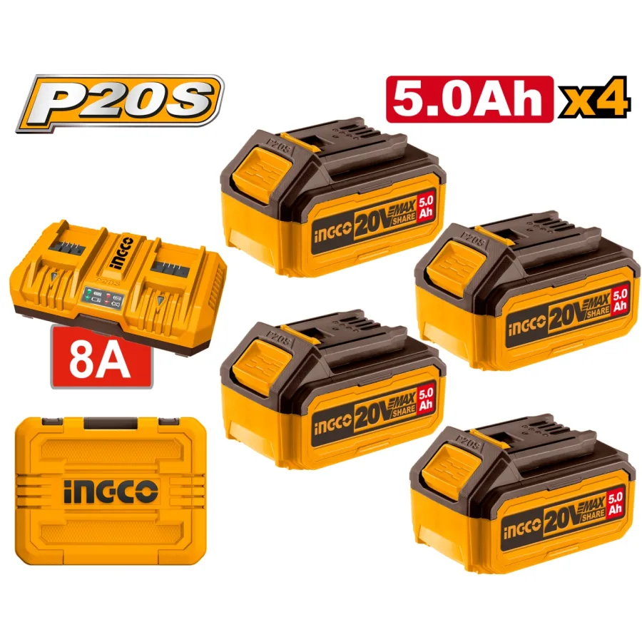 Set baterii 20V 5.0Ah (4 buc) cu incarcator dublu 4A+4A, pentru scule P20S, acumulator INGCO FBCLI20285