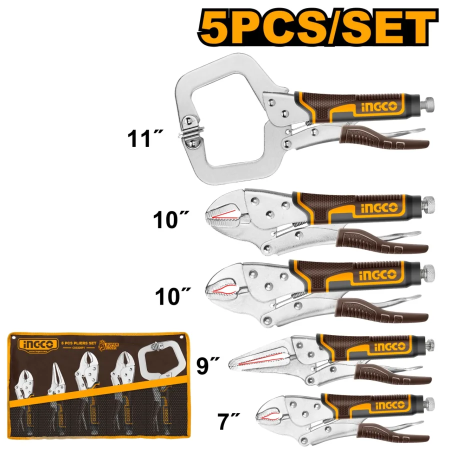 Set cleste autoblocaj 5 buc, falci curbate/drepte, C-clamp, INGCO COS23091