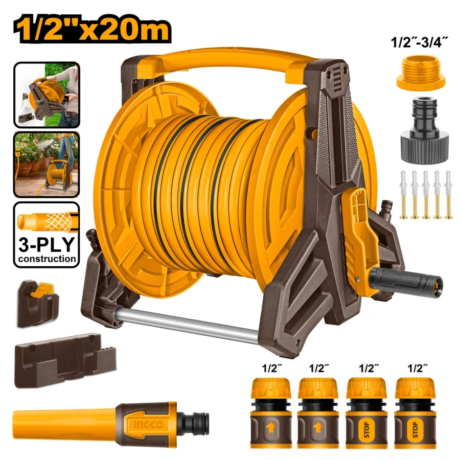 Suport cu Furtun 20m 1/2", cu duza si accesorii, INGCO HHR20124