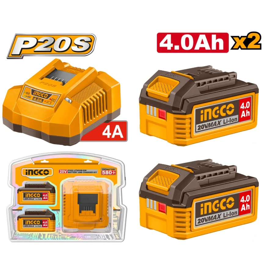 Set 2 Baterii 20V 4Ah + Incarcator Rapid INGCO – FBCPK2013E, Li-Ion, 4A, compatibil platforma P20S, cu LED indicator, autonomie extinsa Acumulator Ingco FBCPK2013E