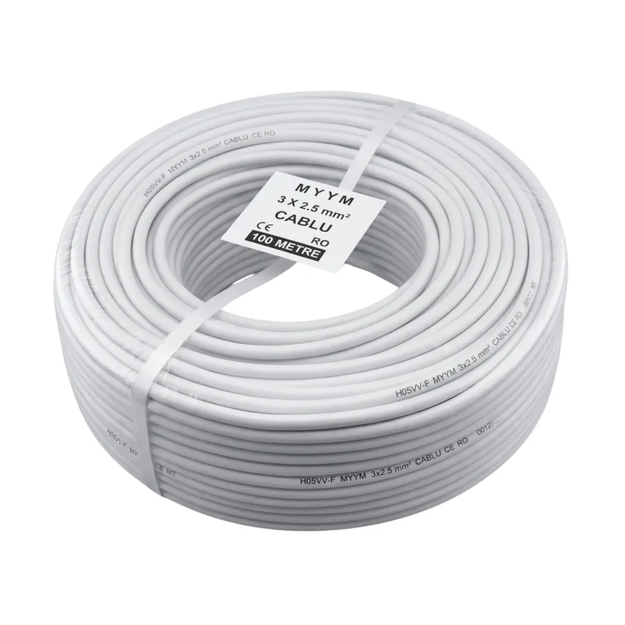 Cablu electric 100m [2x2.5mm] curent 2x2.5 mm², cupru, izolatie PVC dublu strat, 300/500V, flexibil, pentru circuite de priza si instalatii electrice rezidentiale si comerciale