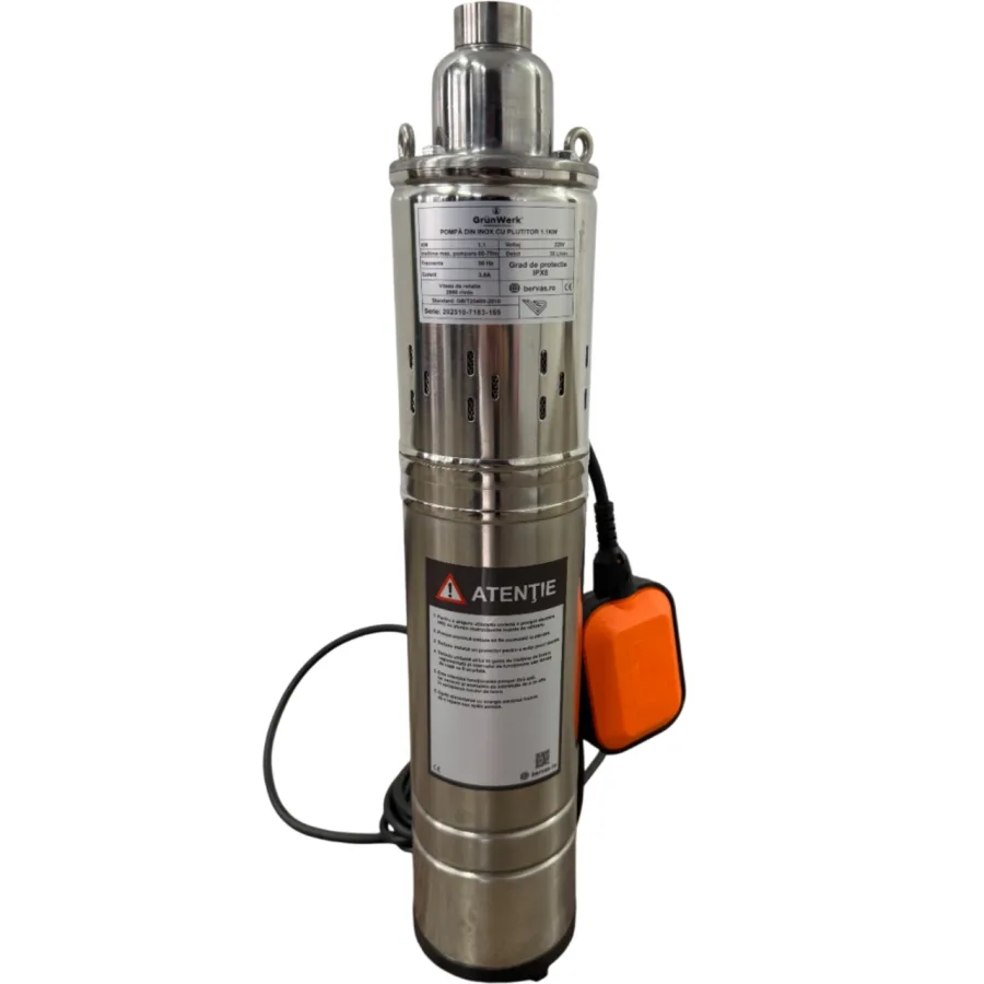 Pompa Inox cu Snec Submersibila cu Plutitor Automat GW GW7183, Putere 1.1KW (1100W), Cablu 9.5m, Inaltime 52cm, Latime 10cm, Circumferinta 31cm, Carcasa Otel Inoxidabil, Pentru Apa Curata sau Usor Murdara