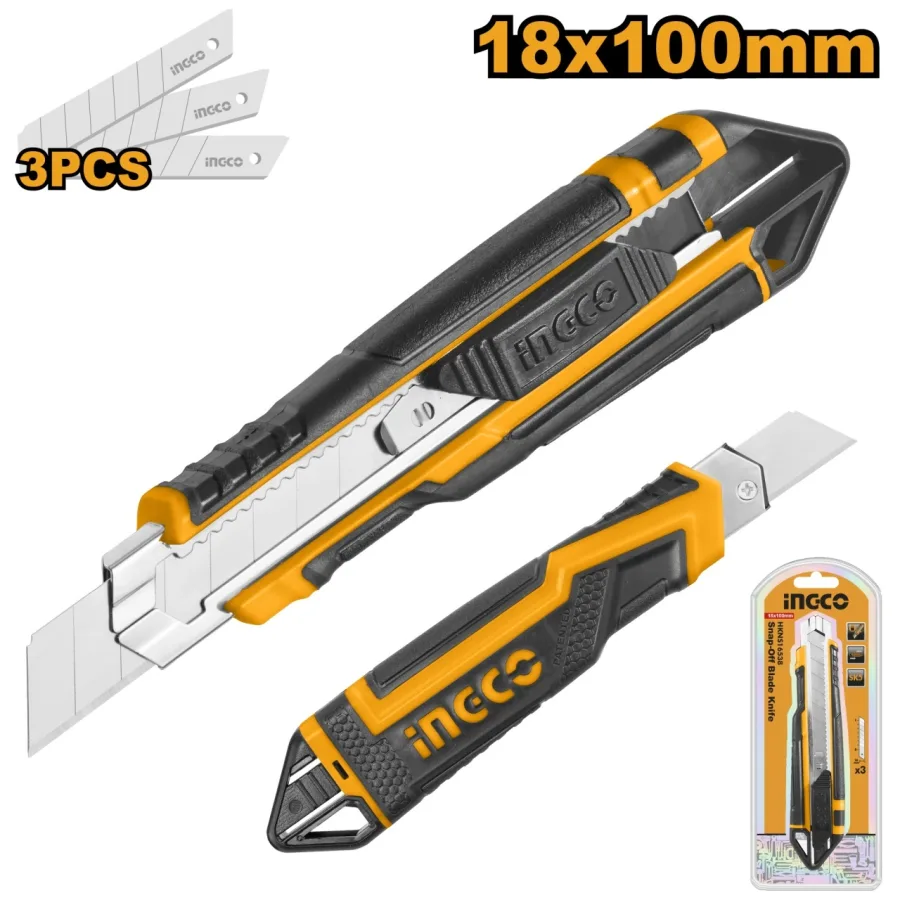 Cutter Plastic cu Maner Cauciuc, Lama 18 mm x 100 mm, 3 Lame SK5 Incluse, Lungime 169 mm, Buton Plat de Impingere HKNS16538