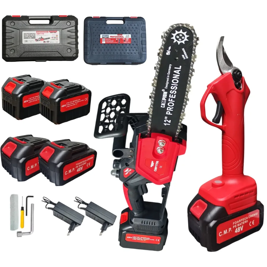 Set cu 4 acumulatori 48v, Mini Drujba electrica 300mm + Foarfeca gradina cu acumulator 27mm diametru Campion PROFESSIONAL