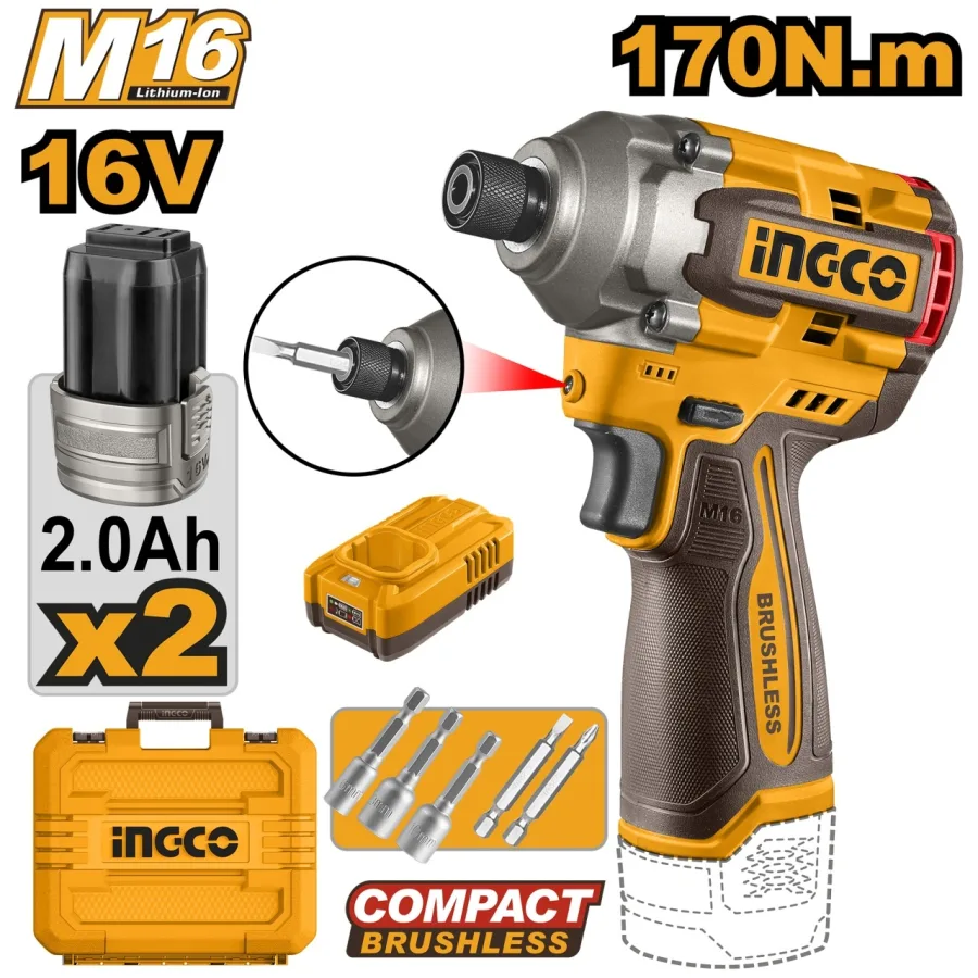 Bormasina cu Impact 16V 170Nm Brushless 0-2700 rpm 0-3500 bpm Prindere Hex 6.35mm LED CIRLI16178 cu 2 Acumulatori 2Ah si Incarcator