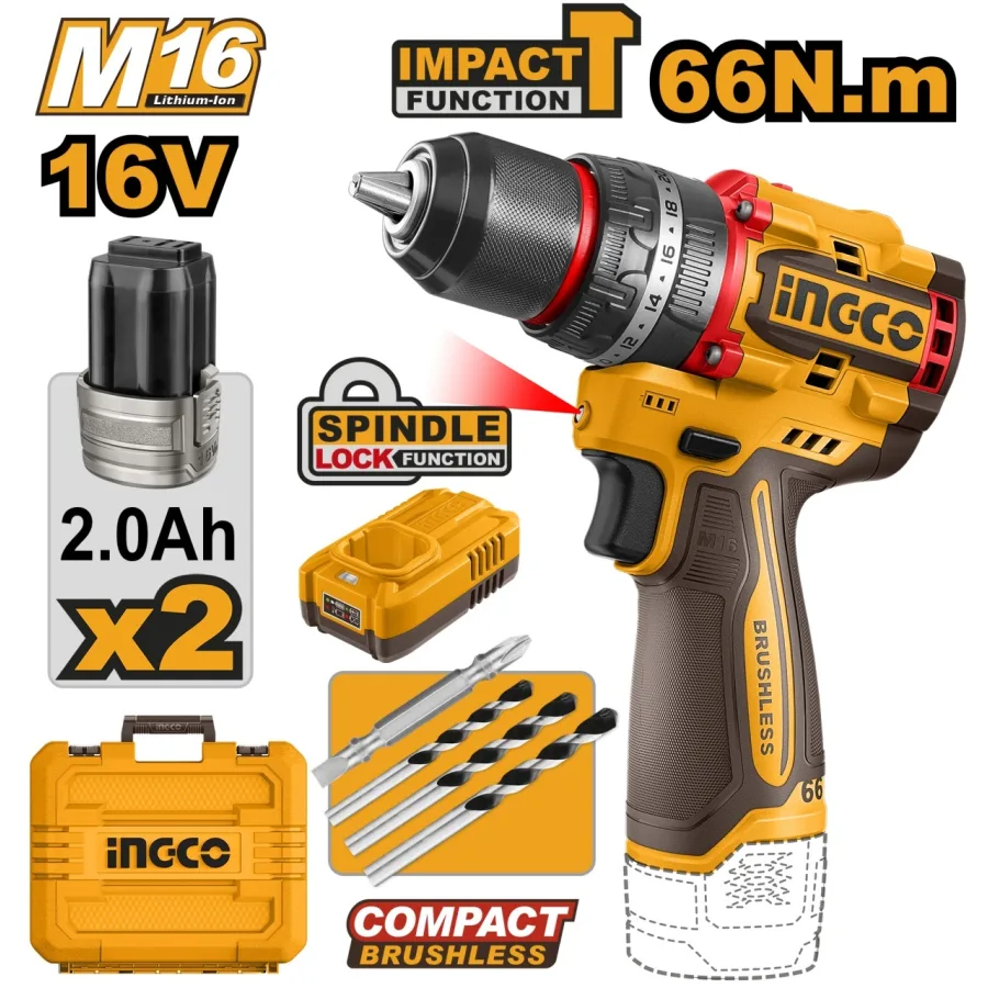 Bormasina cu Impact 16V 66Nm Brushless 2 Viteze 0-500/0-2000 rpm Mandrina Metalica 13mm 30000 bpm 22+1+1 Trepte Cuplu CIDLI166062 cu 2 Acumulatori 2Ah si Incarcator