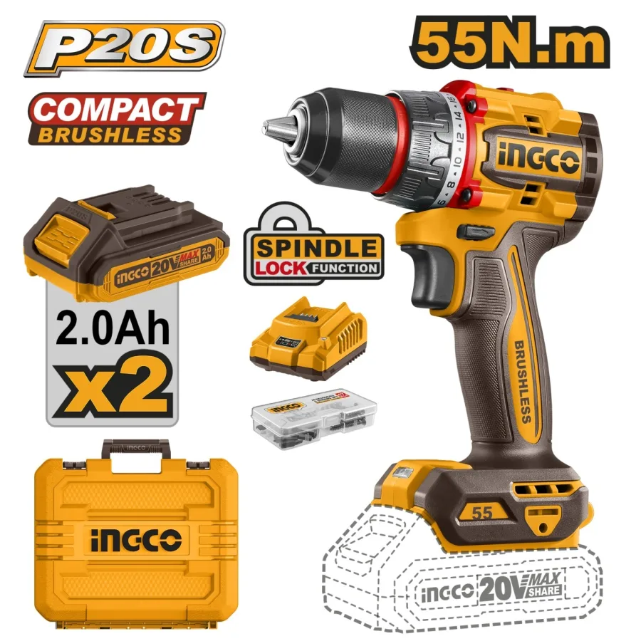 Masina de Gaurit si Insurubat 20V INGCO CDLI20558E, 55Nm, brushless, 2 viteze 0-500/2000 rpm, mandrina metalica 13 mm, 2 acumulatori 2.0Ah, incarcator, 47 accesorii