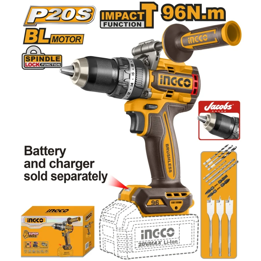 Masina de Gaurit si Insurubat cu Impact 20V INGCO CIDLI209685, 96Nm, brushless, 2 viteze 0-550/2100 rpm, 31500 bpm, mandrina metalica 13 mm, fara acumulator si incarcator