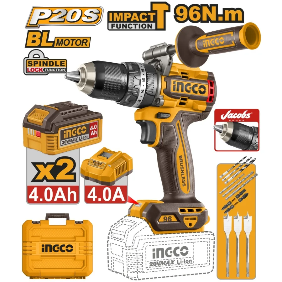 Masina de Gaurit si Insurubat cu Impact 20V INGCO CIDLI209686E, 96Nm, brushless, 2 viteze 0-550/2100 rpm, 30000 bpm, mandrina metalica 13 mm, 2 acumulatori 4.0Ah, incarcator, set accesorii