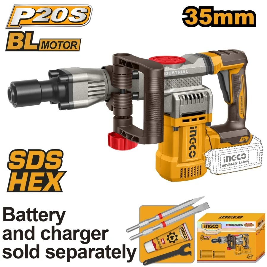 Demolator Profesional 20V SDS HEX Brushless INGCO CDBLI20358, 16J, 0-3200 bpm, sistem prindere SDS HEX, fara acumulator si incarcator