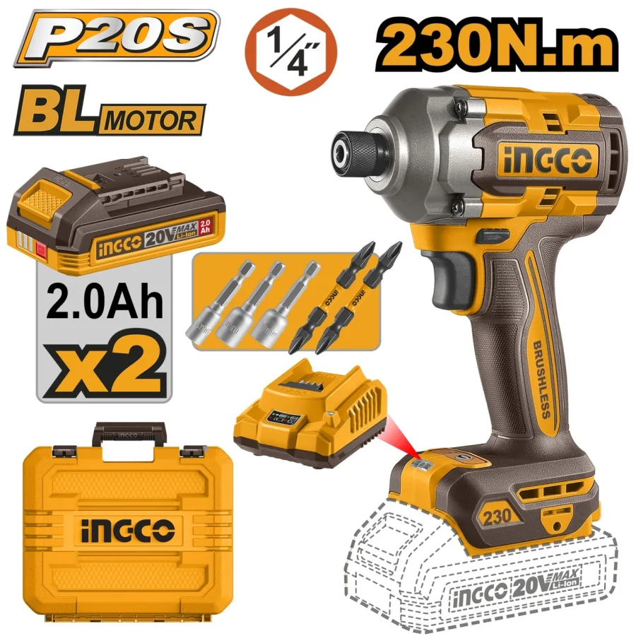 Filetanta cu Impact Profesionala 20V 230Nm Brushless INGCO CIRLI2023E, 0-2600 rpm, 0-2900 bpm, prindere 1/4", 2 acumulatori 2Ah + incarcator + accesorii incluse