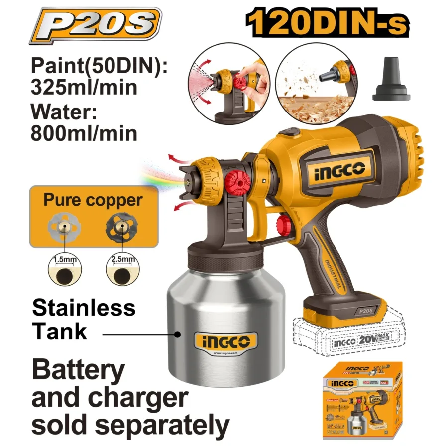 Pistol Vopsit Electric 20V 800ml/min Vascozitate 120DIN-s Rezervor Inox 800ml CSGLI20041 – pistol pulverizare reglabil pentru vopsea si lac
