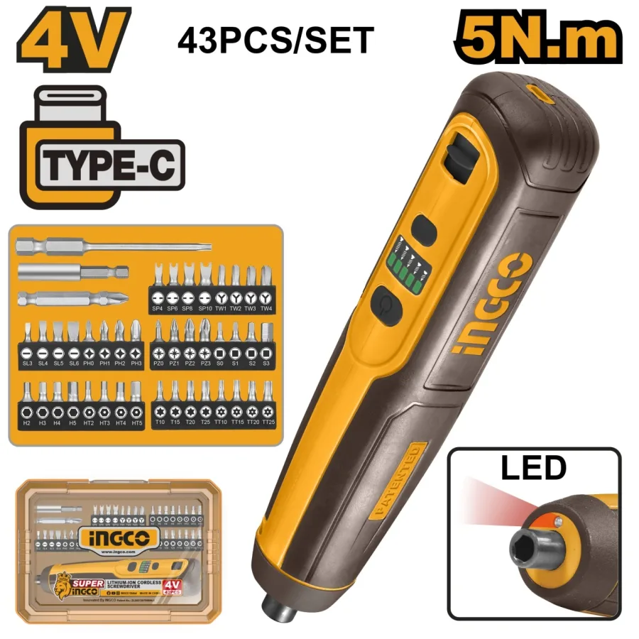 Surubelnita Electrica 4V 5Nm Set 43 Piese CSDLI04062 – surubelnita electrica compacta cu biti multipli, LED si incarcare USB-C