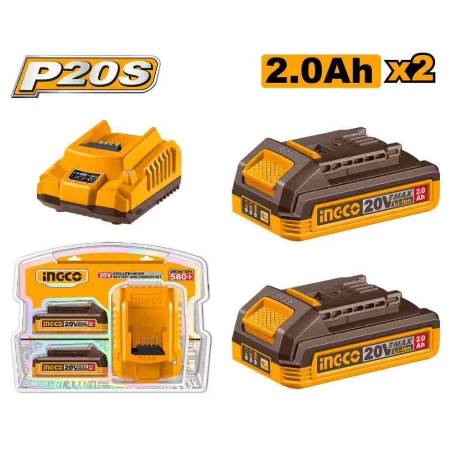 Set 2 acumulatori INGCO FBCPK2212E, 20V, Li-Ion, 2Ah, indicator LED, incarcator rapid inteligent 20V 2A, compatibil platforma P20S, ambalaj blister dublu