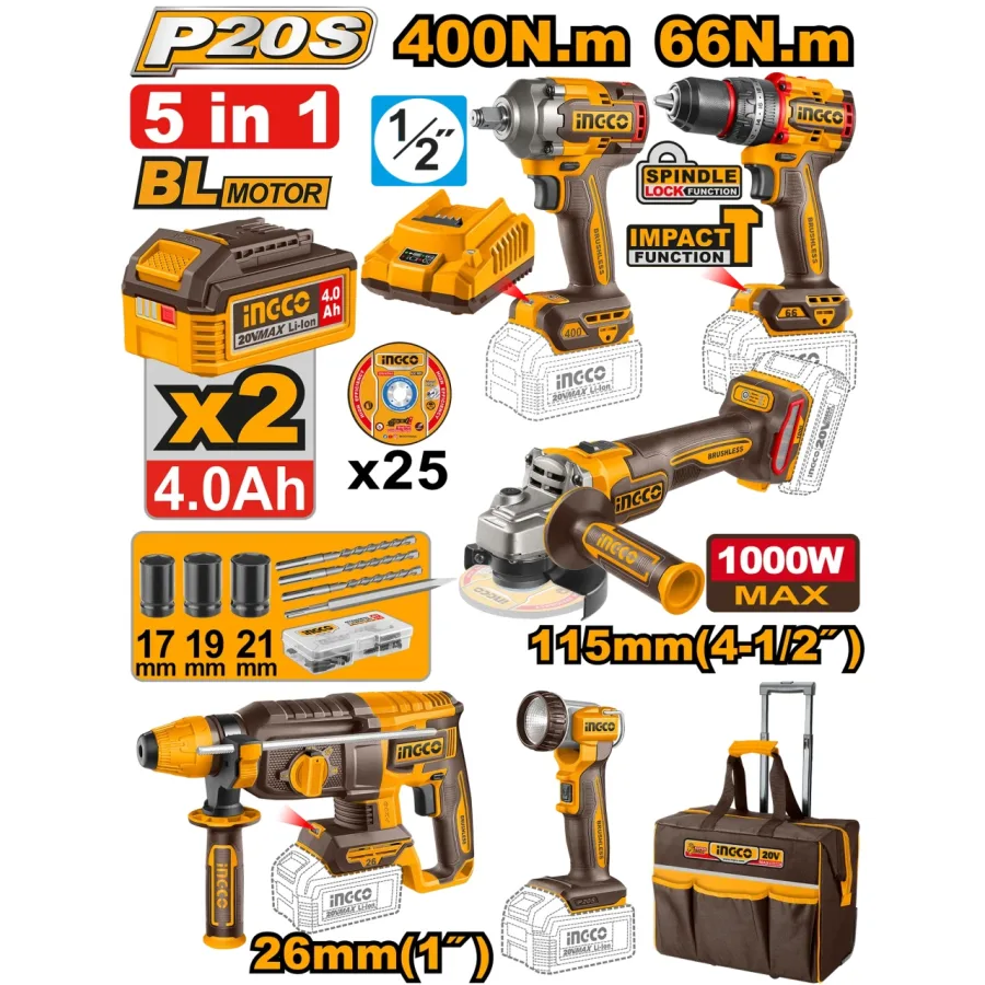 Set scule electrice INGCO CKLI2059E, 20V, 5 piese brushless, filetanta impact 400Nm, bormasina 66Nm, rotopercutor SDS Plus 2.5J, flex 115mm 1000W, lanterna LED, 2 acumulatori 4Ah, incarcator si geanta