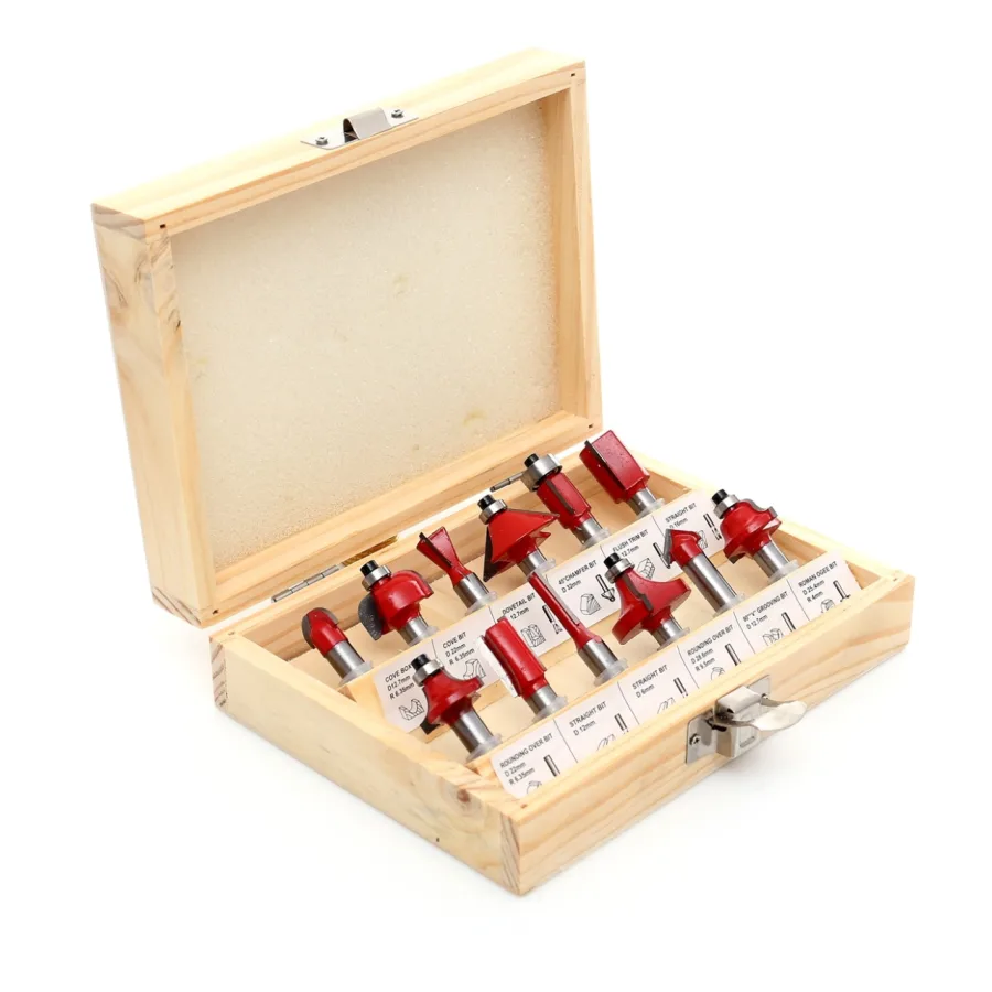 Set 12 freze pentru lemn 8 mm, profile drepte, V, 45°, core box si coada de delfin, pentru masina de frezat verticala, KRAFTNER KF-3088